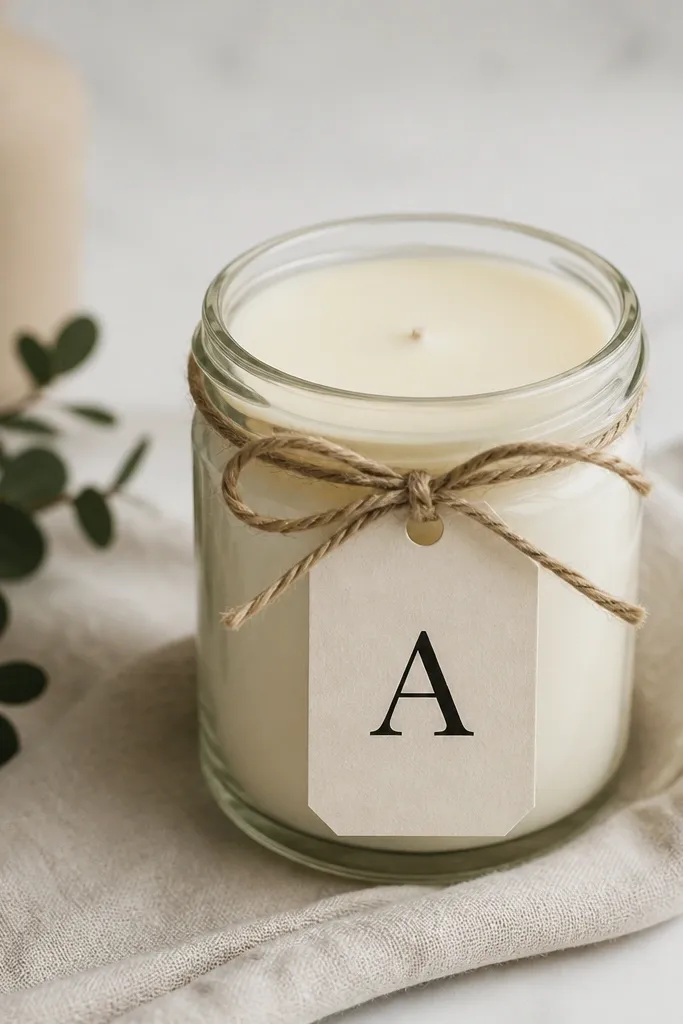 A small candle in a clear glass jar. The top is smooth with a pale off-white wax surface. A label with a single black monogram letter sits on the front, wrapped with tan twine around the jar neck. The wick area has a clean center dot.