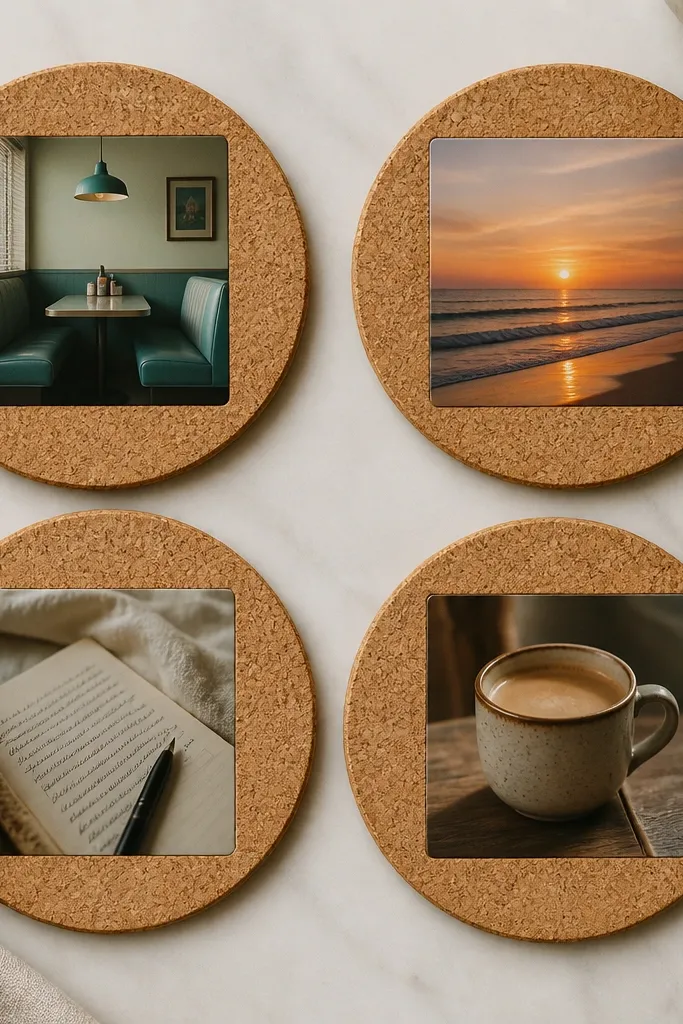 Four coasters made from cork circles with photo inserts. Each coaster shows a small square photo: a diner booth, a beach sunset, a handwritten note, and a favorite coffee cup. Clear protective coating makes the photos glossy. The edges are clean and straight.
