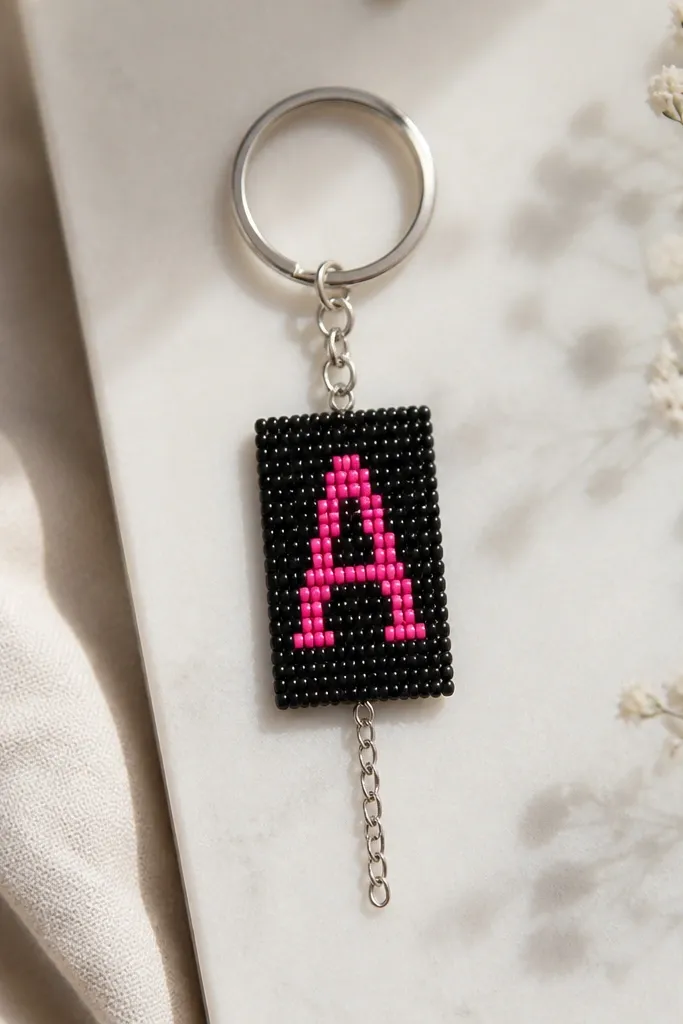 A silver key ring holding a small beaded rectangle. The beads form a clear letter "A" in bright pink against black seed beads. The edges are neatly aligned, and a thin chain dangles below the rectangle. The surface looks smooth and even.