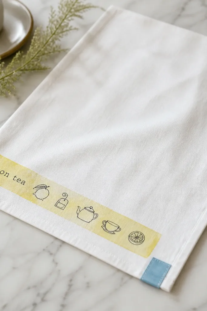 A white tea towel laid flat with a painted strip near one corner. The strip has small black text listing "lemon tea" and a few icons. The rest of the towel is plain, with a neatly hemmed edge and a small stitched label at the bottom corner in light blue.