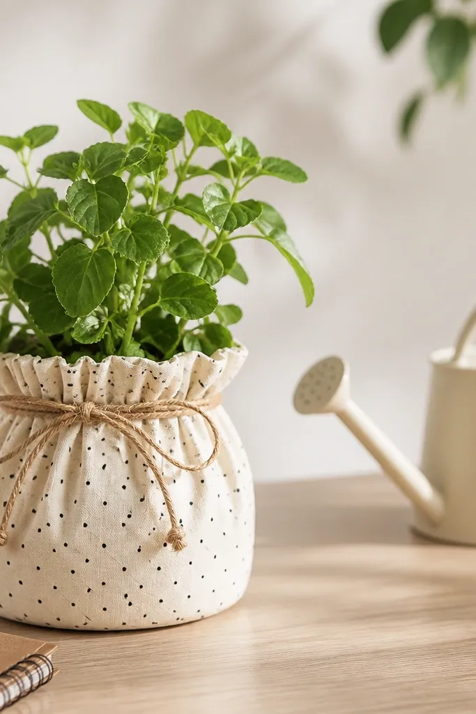 A small terracotta pot wrapped in fabric like a drawstring cover. The fabric is a soft cream with tiny black dots. A natural jute rope cinches around the top, forming a neat gathered rim. The pot sits on a desk with a small watering can nearby.