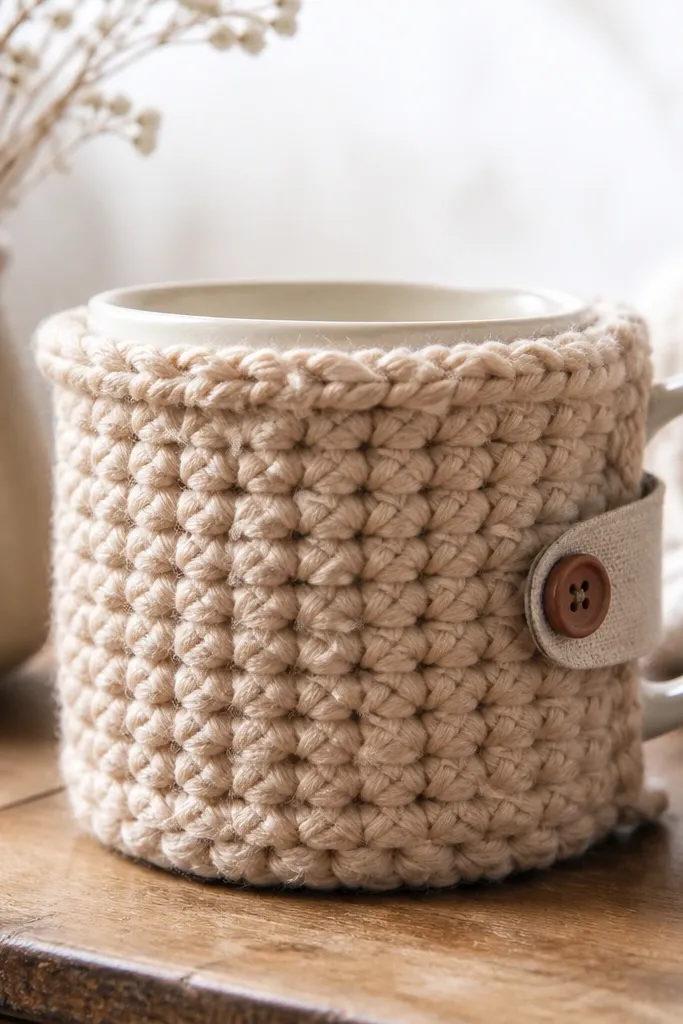A chunky crochet mug cozy in warm oatmeal color sitting on a mug. It wraps around the cup with a snug fit, and there's a small fabric button strap on one side. The crochet stitches are thick and even, and the cozy has a rolled edge at the top.