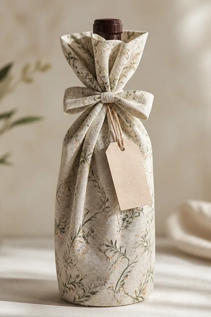 A wine bottle wrapped in soft patterned fabric. The fabric is gathered at the top with a small bow made from the same fabric. The wrap covers the bottle from neck to base with smooth folds and no raw edges. A small tag tied with twine hangs from the bow.
