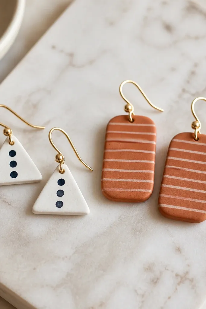 Two pairs of earrings on a marble surface. One pair is small triangles in matte white with three navy dots. The other pair is rounded rectangles in muted terracotta with tiny cream stripes. Each earring has a gold hook and a clean, sanded edge.