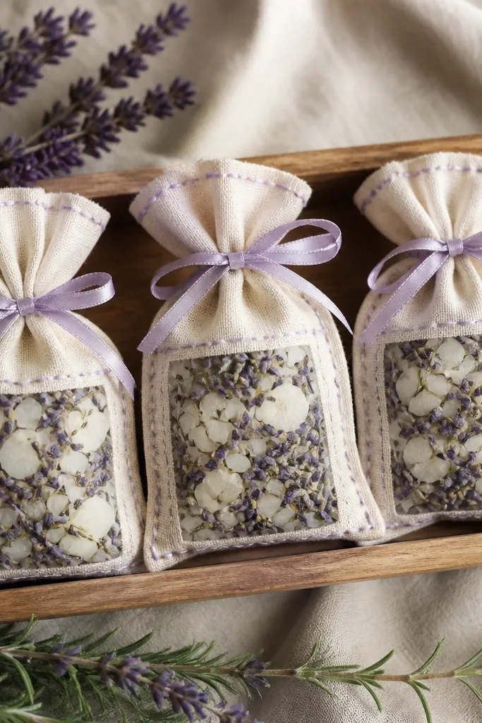 Three small fabric sachet pouches tied with ribbon. Inside each pouch is a pale waxy crumble mixed with dried lavender buds and rosemary pieces. The outside fabric is light cotton with tiny stitched borders. The pouches sit in a wooden tray.