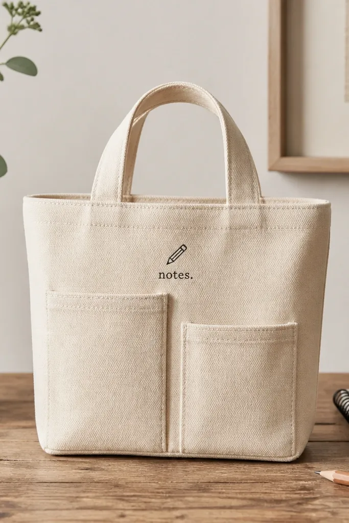 A small canvas tote bag with two fabric pockets on the front. The pockets have clean top hems and sit at slightly different heights. A stamped design in black ink sits above the pockets, with a simple icon and the word "notes." The tote has short handles and a stiff canvas body.