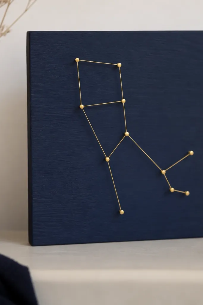 A small wooden board with a constellation pattern in thin gold string. Several tiny nails form star points, with string lines connecting them. The background is painted deep navy, and the star points are small metallic dots. The board hangs by a wire on the back.