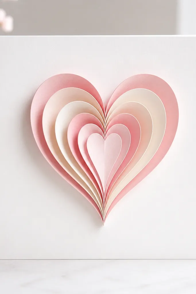 A greeting card with a layered heart made from curled paper strips. The heart sits in the center, made of pale pink, blush, and cream strips. The background is a soft white cardstock. The edges of the card are crisp, and the heart has a small shadow effect created by layered depth.