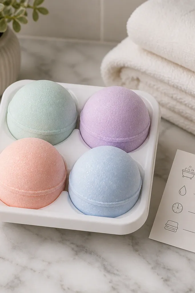 A set of four bath bombs in pastel colors (mint, lavender, peach, and pale blue) in a single tray. Each bath bomb has a smooth surface with faint glitter specks and a clean molded shape. A small printed care card sits beside them with simple instructions. The background is a bathroom counter with towels.