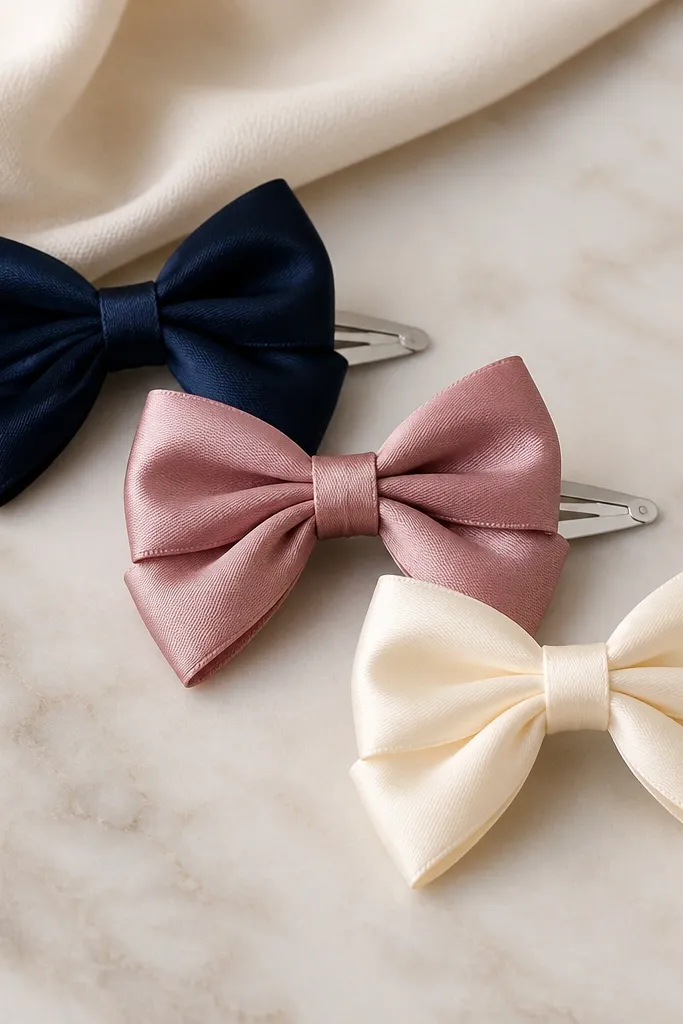 Three hair bows attached to snap clips. Each bow is made from satin ribbon in navy, dusty rose, and cream. The bows have a neat center knot and symmetrical loops. The clips are silver and sit flat against the back.