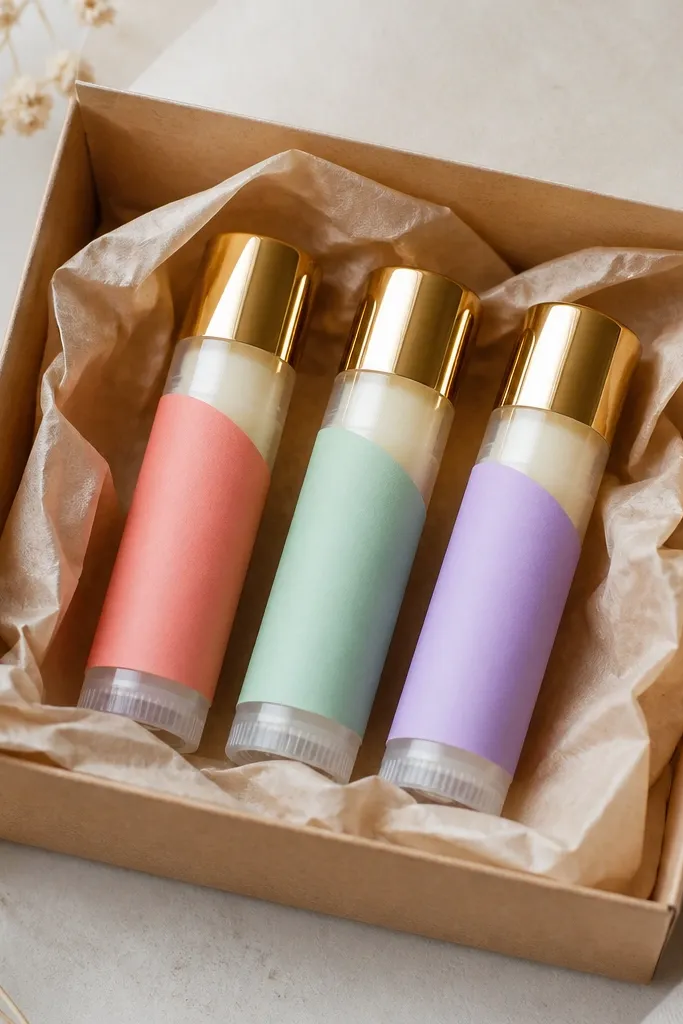 Three small lip balm tubes in clear plastic with gold caps. Each tube has a custom sticker label in different colors: coral, mint, and soft purple. The balm inside looks creamy and smooth. The tubes sit in a small kraft box with tissue paper.