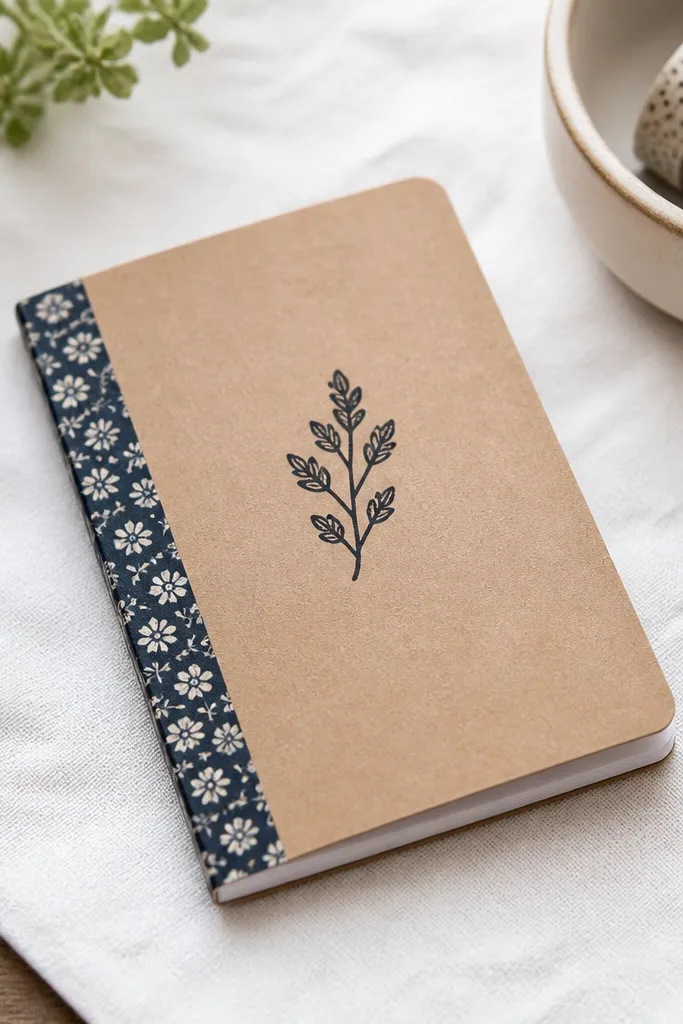A small notepad with a patterned washi tape spine. The cover is kraft paper with a black stamp icon and a single line of text. The inside pages are lined. The binding looks neat, with tape edges straight and no wrinkles.