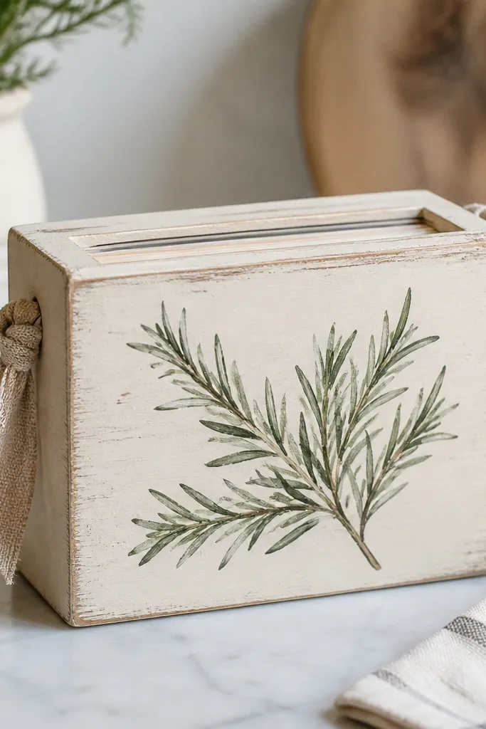 A small rectangular scrap-wood block painted matte cream, with a hand-painted green herb illustration on the front. The top has a thin slot for recipe cards, and a simple linen ribbon tied around the sides like a handle. The wood grain still shows at the edges where the paint is lightly dry-brushed.
