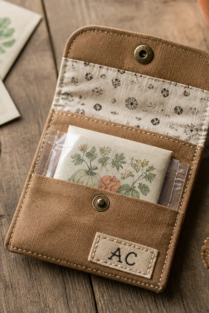 A small pouch made from tan waxed canvas with a stitched border and a flap closure. Inside is a light cotton lining printed with tiny seed graphics. A clear pocket on the front holds a folded seed packet, and a hand-stitched label strip sits near the bottom with the friend's initials in black ink.