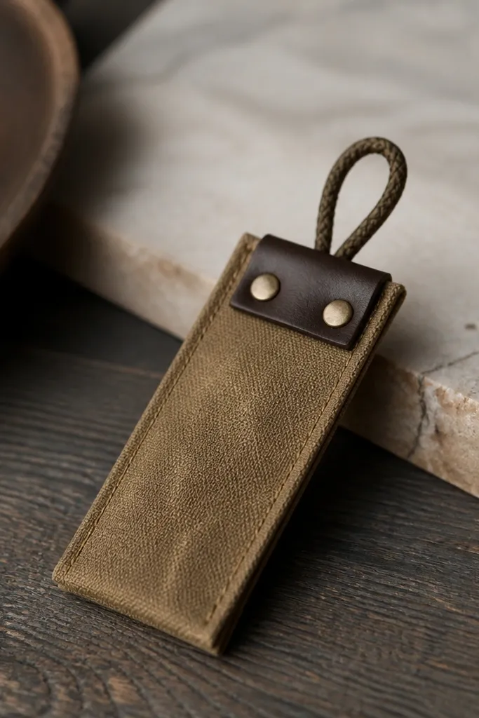 A handmade key fob made from tan waxed canvas, folded into a slim rectangle with a stitched edge. A small dark brown leather tab sits at the top with two brass rivets, and a short braided cord loop hangs from it.