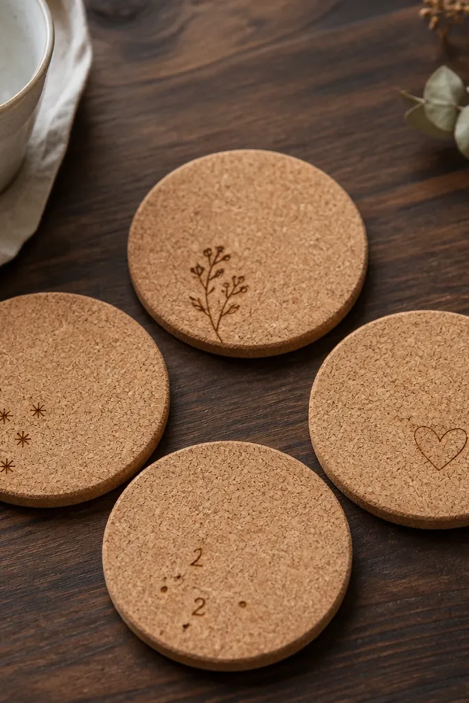 Four round cork coasters on a dark wooden table. The edges are clean and sealed, and each coaster has a small burned-in design - one has tiny numbers, another has a simple line heart, all in a warm brown tone.