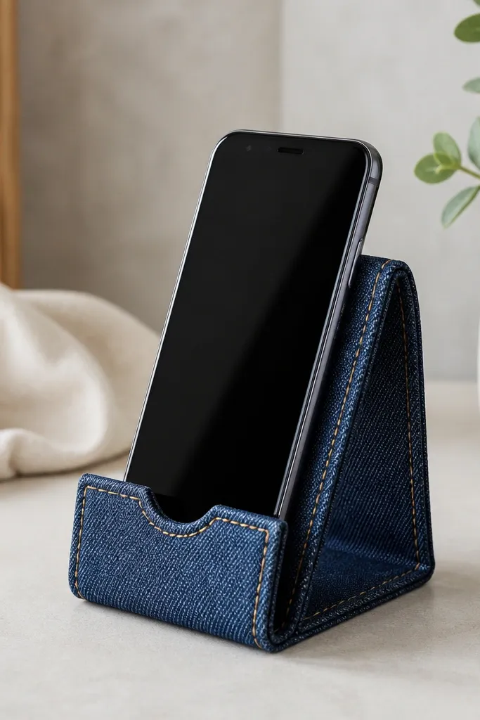 A small phone stand made from folded denim, propped upright. The edges show neat rows of topstitching, and the stand has a simple curve cut so the phone rests securely.