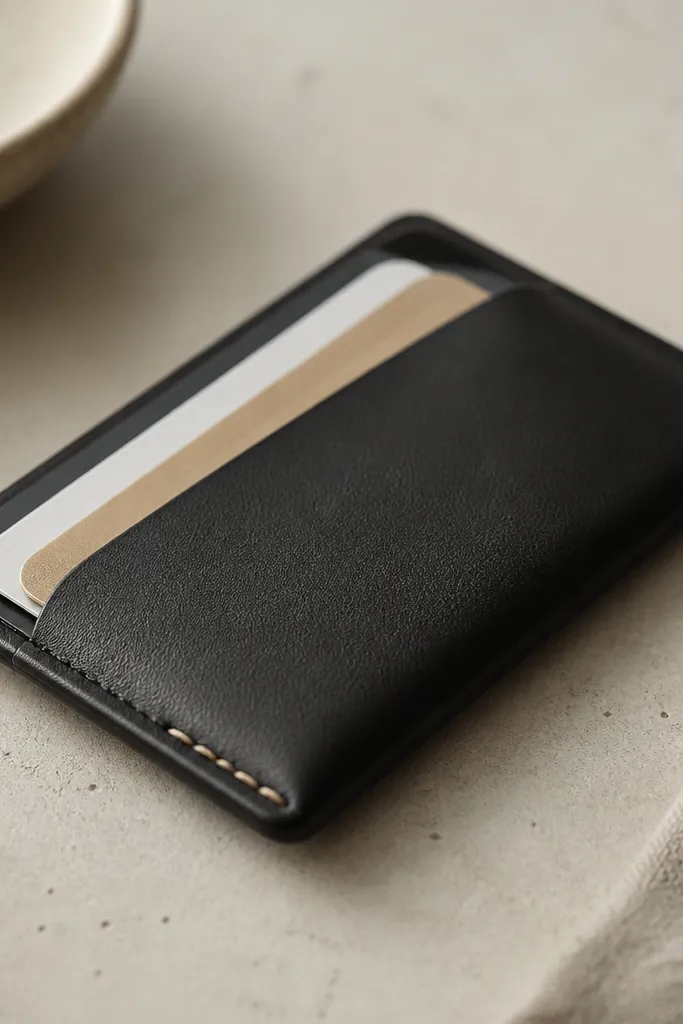 A slim black leather card sleeve holding a few cards. The edges are burnished and there's a small hidden stitch line near the corner with a subtle tan thread.