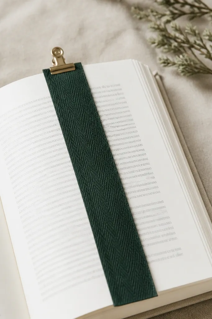 A fabric bookmark that looks like a slim ribbon, heat-sealed so edges are clean. A small metal binder clip sits at the top, and the fabric is a dark green woven pattern.