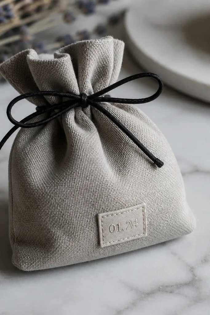 A small drawstring pouch made from light gray cotton, tied shut with a thin black cord. Inside is a waxy insert, and the pouch has a stitched label reading a short date.