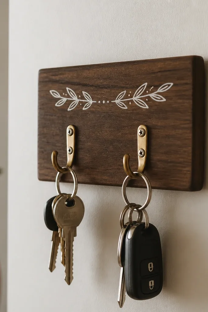 A small wall key holder made from a stained wood board. Two brass hooks are screwed in, and a hand-written nameplate sits above them in a clean white paint pen.