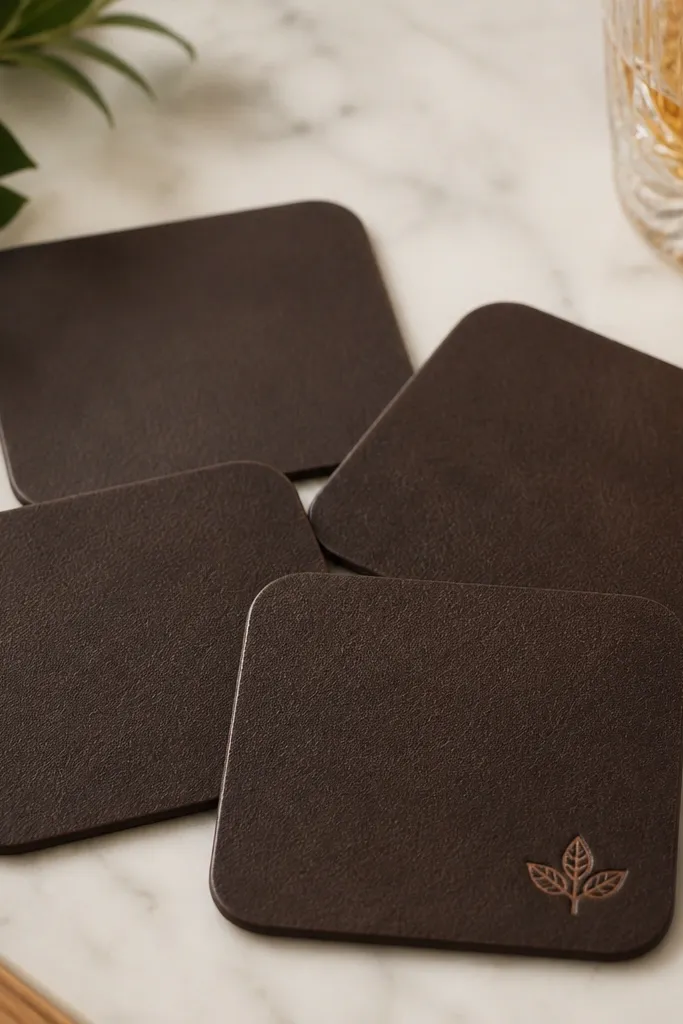 Four square coasters made from dark brown leatherette. Each coaster has rounded corners, and one has a small stamped monogram in a lighter tan imprint.