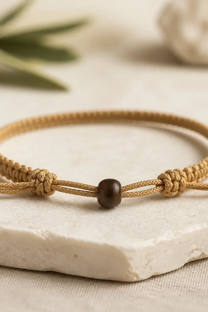 A tan braided rope bracelet with a small dark bead slider at the center. The knots are tight and neat, and the bracelet looks adjustable.