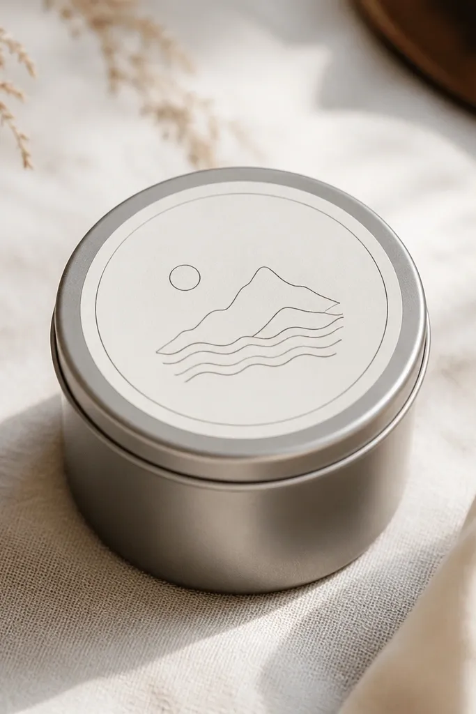 A small metal candle tin with a clean printed label on top. The label looks like it's part of the tin, with crisp lettering and a simple line icon.