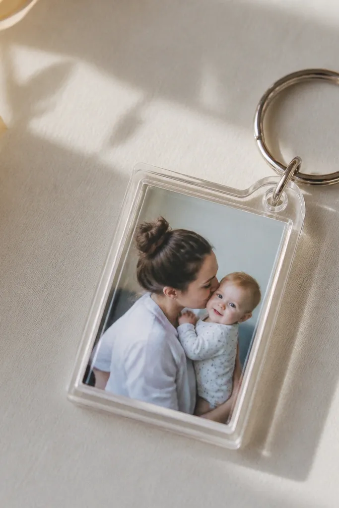 A small keychain frame with an acrylic front window. A tiny printed photo sits inside, and the metal ring attaches at the top corner.