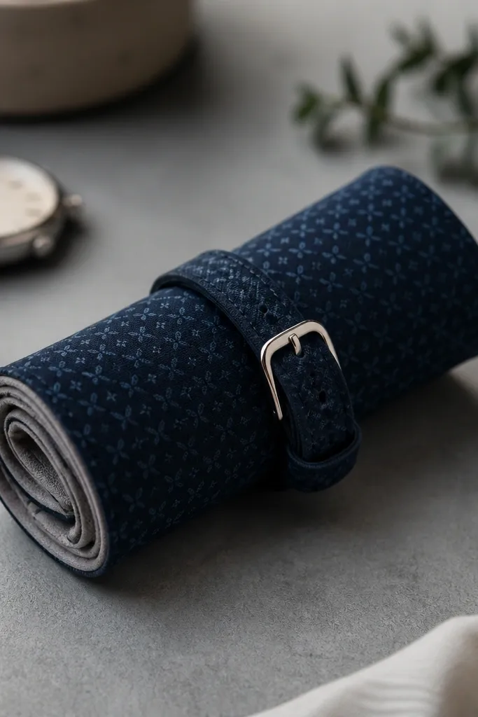 A fabric wrap for a watch strap, rolled and secured with a small metal buckle. The fabric is patterned navy and the inside is lined with a soft gray material.