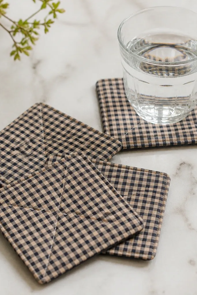 Four fabric coasters with a quilted look and clean edges. The top fabric is a small check pattern, and the edges are neatly fused without fraying.