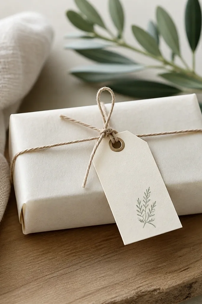 A bar soap wrapped in parchment paper with a printed label tied to it using twine. The label has his name in a clean font and a small icon.