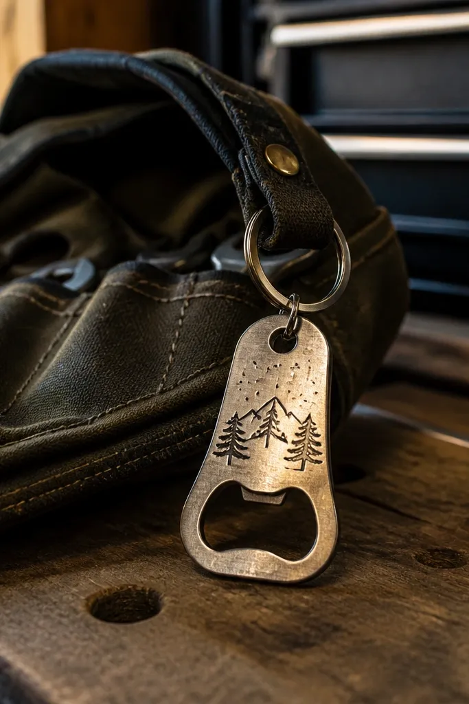 A small brushed metal bottle opener attached to a key ring. It has a hand-stamped symbol and a short name on the flat part, with clear, crisp impressions.
