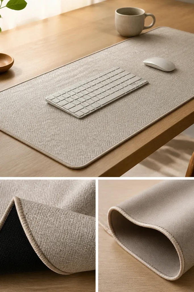 A desk mat that looks like a fabric runner on top with a rubber backing. One side has a subtle pattern, the other side is solid, and the edges are bound neatly.