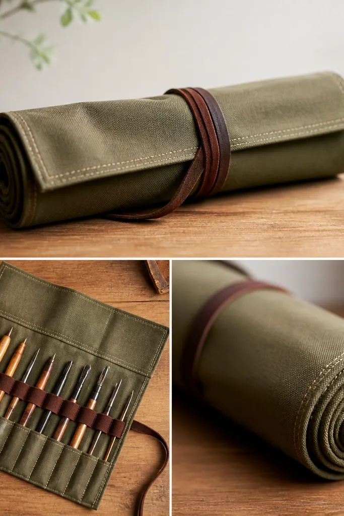 A rolled canvas tool organizer with fold-over flap and leather tie. Inside are elastic loops holding small tools, and the outside shows neat stitching.