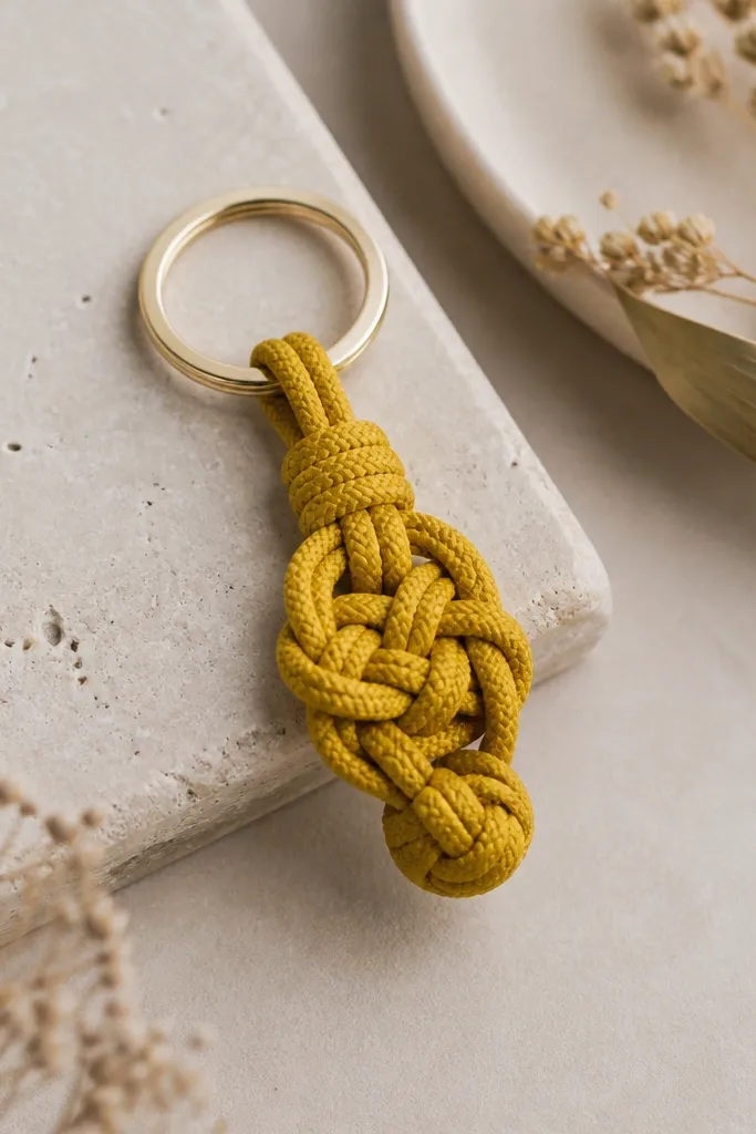 A small charm made from knotted rope attached to a key ring. The rope is bright but not neon - think mustard with a matte finish - and the knots are tight and symmetrical.