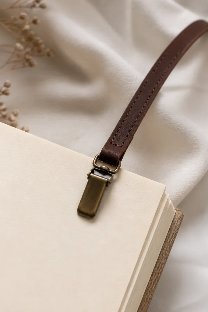 A slim leather strap with a small metal clip attached. A book page is shown clipped inside, and the leather is dyed a deep brown with a single visible stitch line.