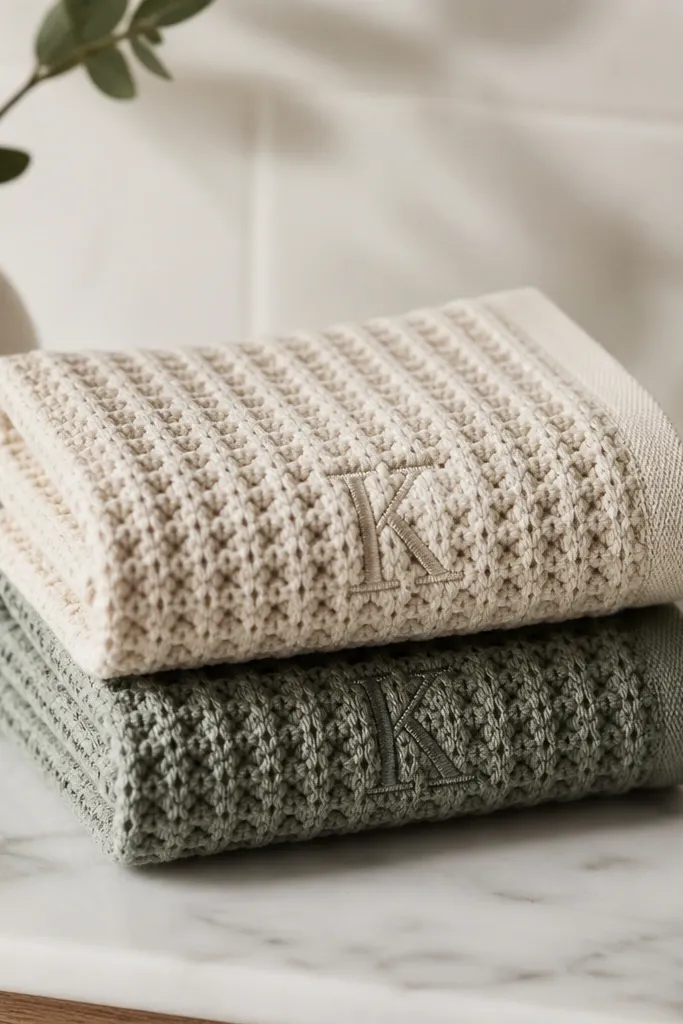 A small set of two waffle-knit washcloths folded on a counter. Each cloth has stitched initials in matching thread, and the fabric looks thick and absorbent.