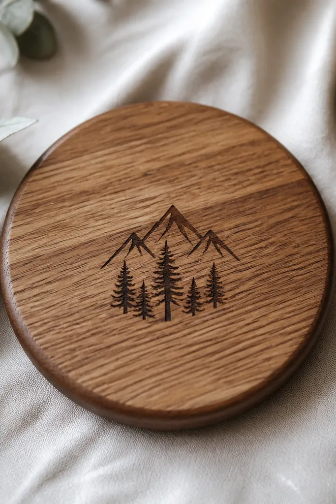 A single round wooden coaster with a burned minimal icon in the center. The wood has a clear matte seal, and the edges are smooth and slightly darker.