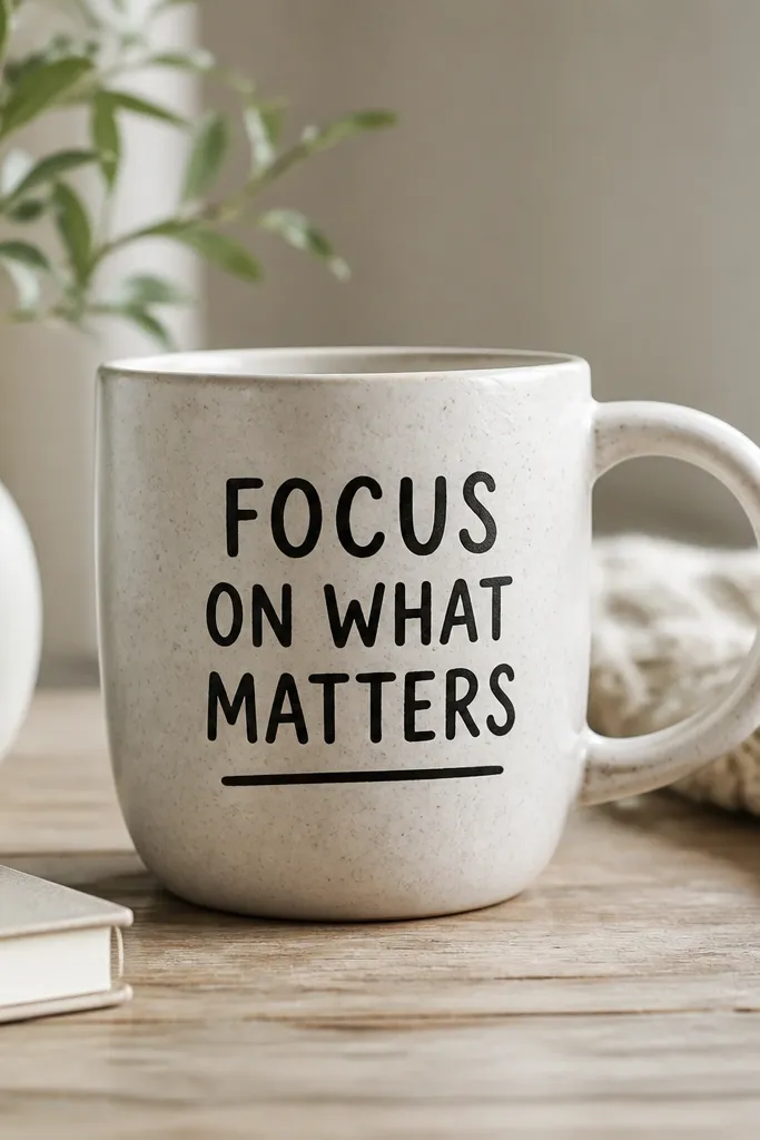 A ceramic mug with a clean hand-lettered phrase in dark ink. The lettering is even and bold, and a simple line accent sits under the words.
