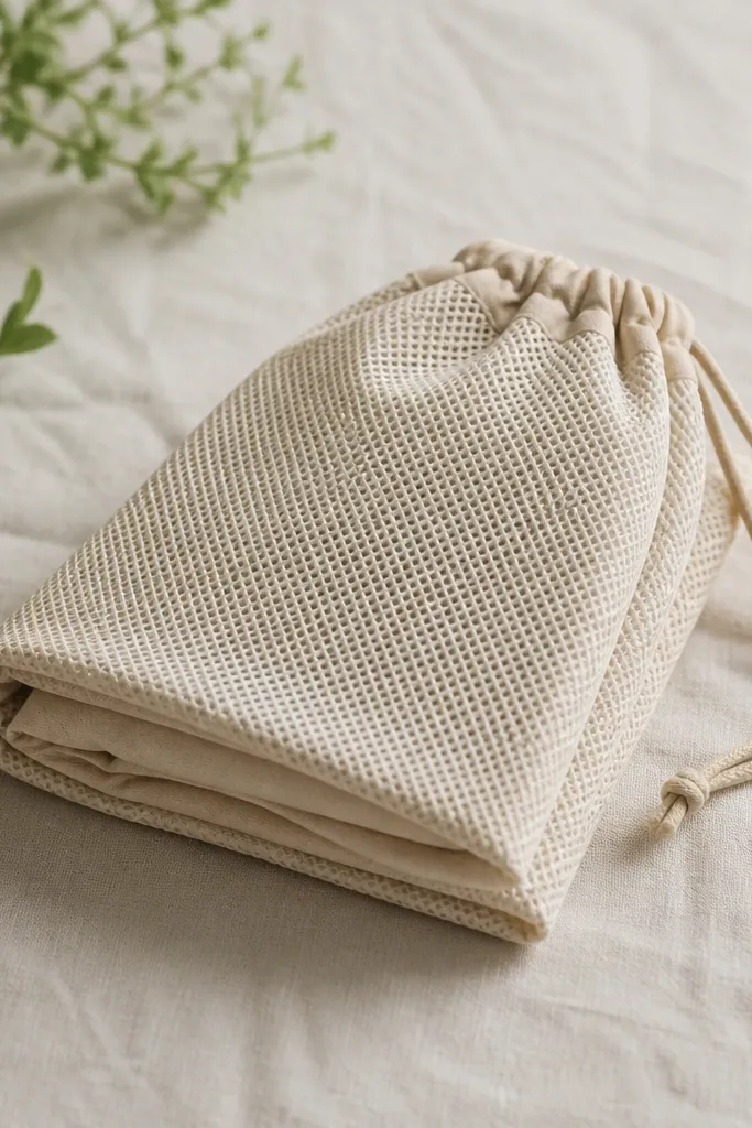 A small drawstring garment bag made from breathable mesh and lined cotton. It has a cinch cord at the top and sits folded with the cord loop visible.