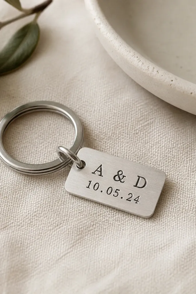 A small rectangular metal tag on a key ring. It has stamped initials on the top line and a short date below, with a brushed finish and clean edges.