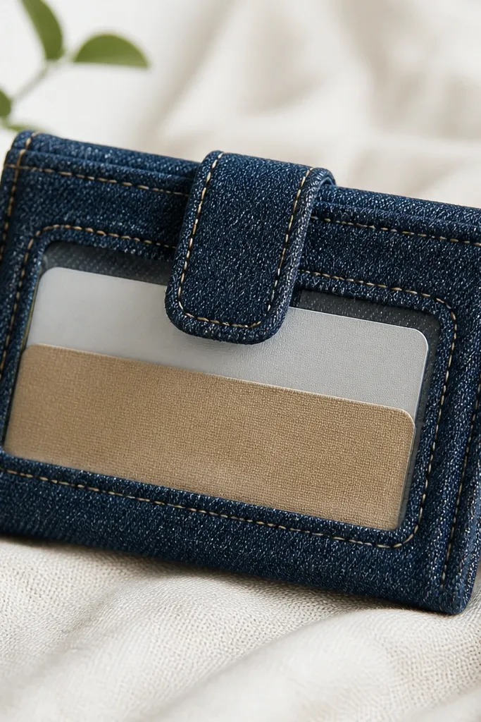 A small fabric wallet with a clear plastic window pocket on the front. Inside are two card slots, and the fabric is a sturdy denim with a stitched flap closure.