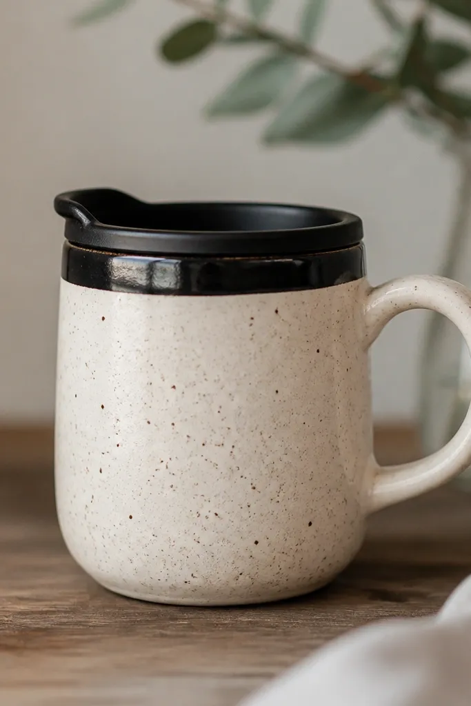 A handmade travel mug with a speckled off-white clay body and a clean black glossy band around the rim, paired with a matching black lid. The speckles look like tiny dots across the surface; the mug has a short, sturdy handle.
