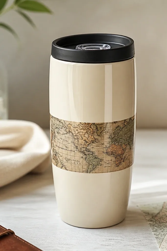 A travel mug with a muted cream base. Around the middle is a narrow band of vintage-style map print, and the epoxy topcoat makes it glossy and glassy. The lid is plain black with a clear drinking insert.
