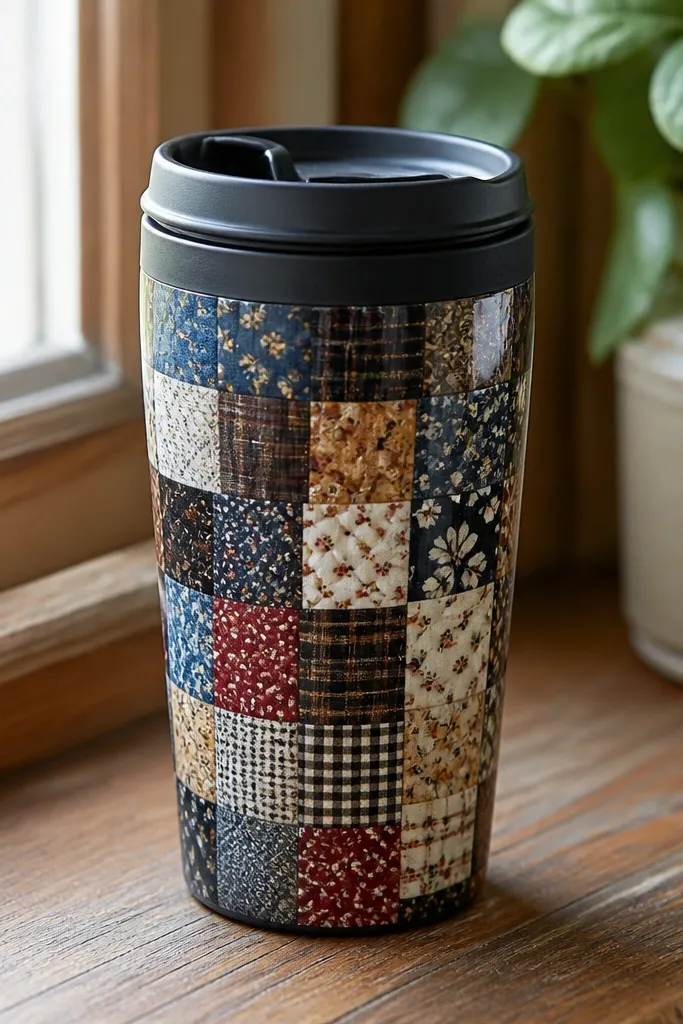 A travel mug with a matte black base, covered in small fabric patches arranged like a quilt. Each patch is sealed with a clear glossy finish that looks like a smooth laminate, and the lid area stays bare.