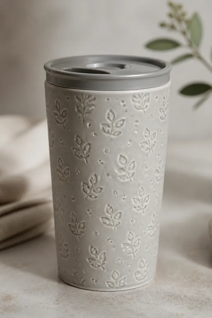 A light gray travel mug covered in small stamped leaf and dot impressions in a slightly darker tone. The texture is raised but smooth, and the lid is silver or gray.