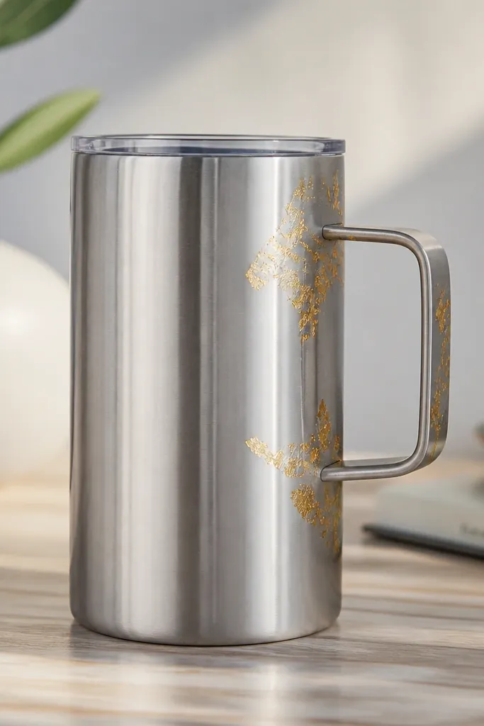 A brushed stainless travel mug with small gold tin-leaf shapes around the handle area, sealed under a clear glossy coat. The rest of the mug stays plain metal, and the tin-leaf catches light when tilted.