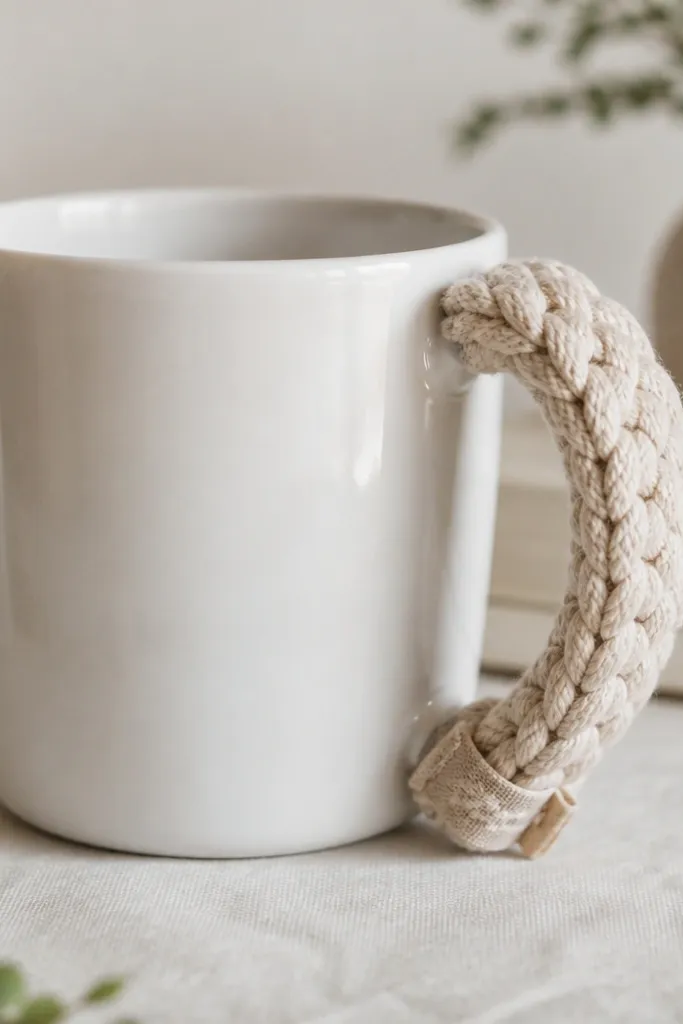 A simple white mug with a chunky braided yarn cover wrapped around the handle. The yarn is thick, neutral, and tightly stitched, with a small fabric tag near the braid knot.