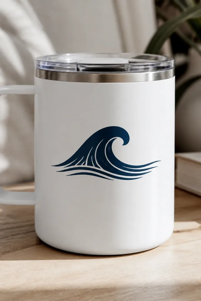 A white travel mug with a bold navy vinyl decal - a simple wave icon and small text - placed on one side. The decal looks crisp and sits under a glossy clear coat that smooths the edges.
